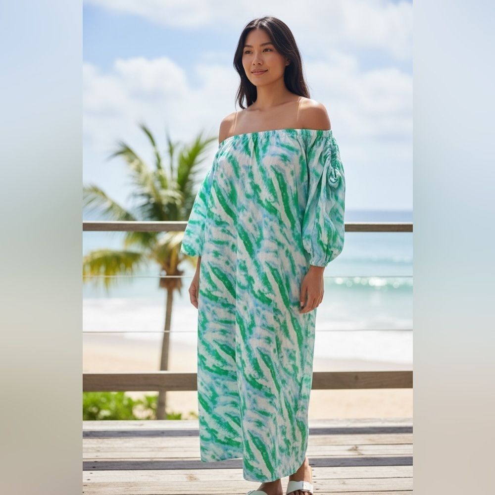 London Label Green White Off Shoulder Midi Dress Size 10 Tropical Resort Vacatio - Picture 2 of 9